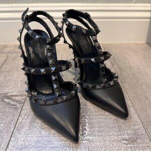 Valentino Noir Rockstud Leather Heel Pumps Black Auth, Size EU 35 1/2, US 5.5